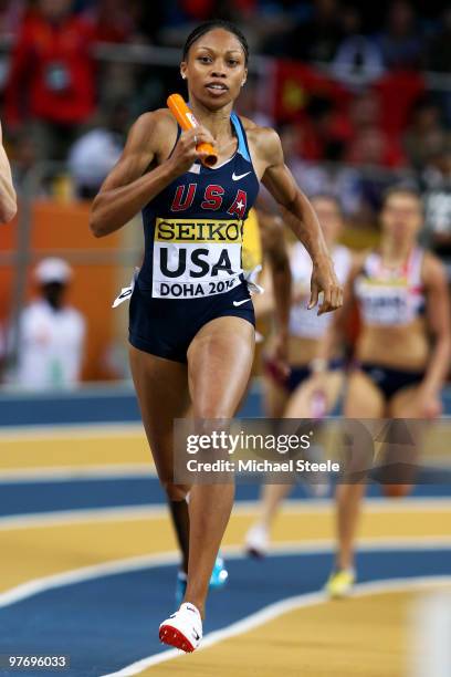 Allyson Felix of USA competes in the Womens 4 x 400m relay during Day 3 of the IAAF World Indoor Championships at the Aspire Dome on March 14, 2010...