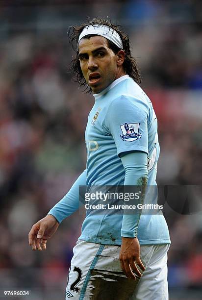 Carlos Tevez of Manchester City looks on during the Barclays Premier League match between Sunderland and Manchester City at the Stadium of Light on...