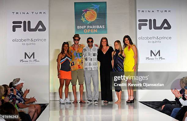 Tennis players Edina Gallovits, Andreas Seppi, Andy Ram, Agnieszka Radwanska, Agnes Szavay and Sorana Cirstea pose for photographers after...