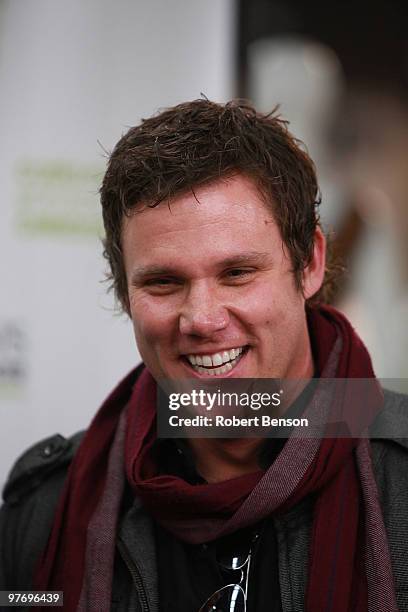 Bob Guiney of Band with TV talks with media prior to performing at the grand opening of Loehmann's in Costa Mesa on March 13, 2010 in Costa Mesa,...