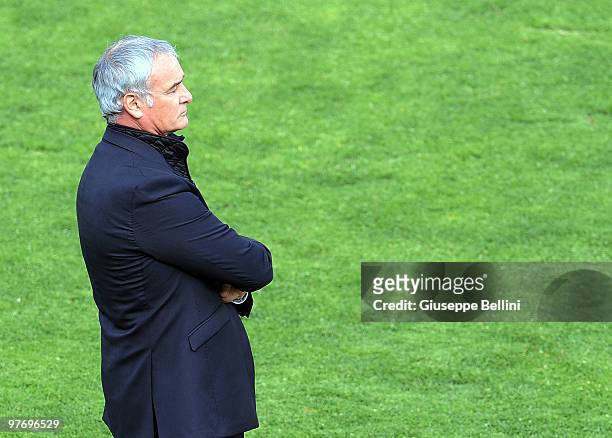 Claudio Ranieri the head coach of Roma during the Serie A match between AS Livorno Calcio and AS Roma at Stadio Armando Picchi on March 14, 2010 in...
