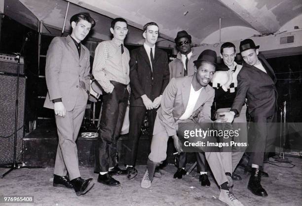 Roddy Radiation, Sir Horace Gentleman, Terry Hall, Neville Staples, Lynval Golding, John Bradbury and Jerry Dammers of the Specials circa 1978 in New...