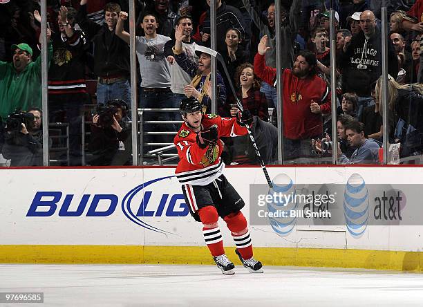 John Madden of the Chicago Blackhawks celebrates after scoring in the second period against the Washington Capitals on March 14, 2010 at the United...