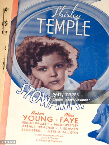 Sheet music for the song 'Goodnight My Love' from the 1936 movie 'Stowaway' starring Shirley Temple for sale in an antique shop in Santa Fe, New...