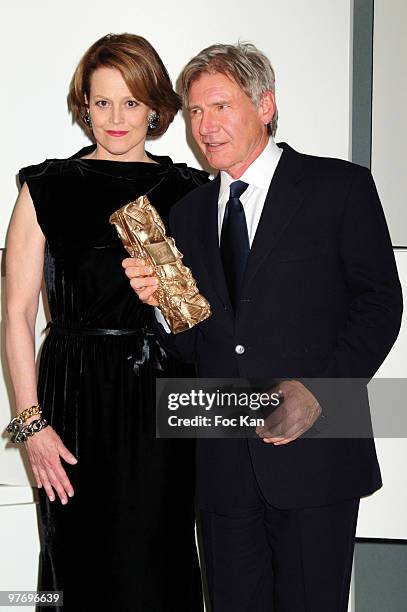 Actors Sigourney Weaver and Harrisson Ford attend the Cesar Film Awards 2010 - Awards Room at Theatre du Chatelet on February 27, 2010 in Paris,...