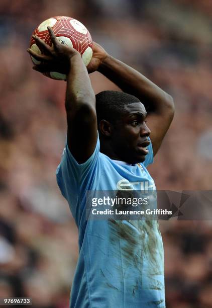 Micah Richards of Manchester City takes a throw in during the Barclays Premier League match between Sunderland and Manchester City at the Stadium of...
