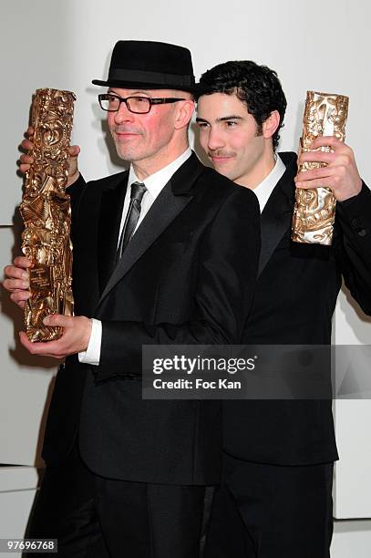 Awarded director Jacques Audiard and actor Tahar Rahim attend the Cesar Film Awards 2010 - Awards Room at Theatre du Chatelet on February 27, 2010 in...
