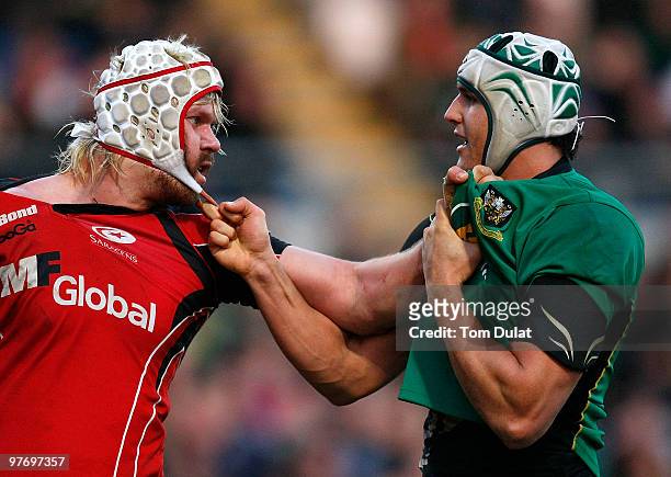 Juandre Kruger of Northampton Saints and Mouritz Botha of Saracens get into a fight during the LV Anglo Welsh Cup Semi Final match between...
