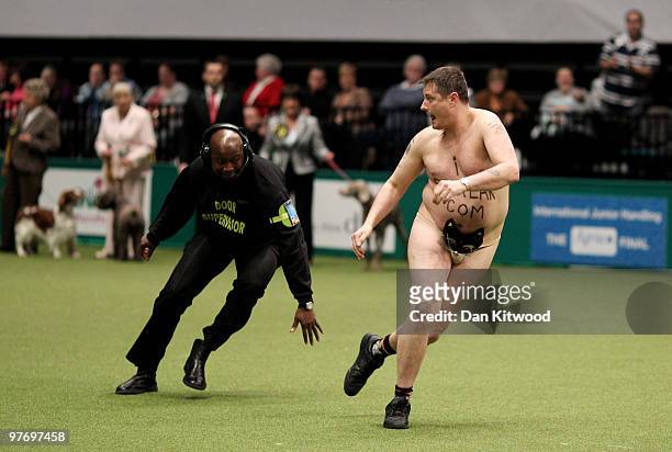 Man streaks accross the floor of the main arena on the fourth and final day of the annual Crufts dog show at the National Exhibition Centre on March...