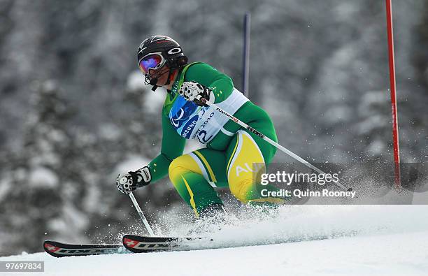 Melissa Perrine of Australia competes in the Women's Visually Impaired Slalom during Day 3 of the 2010 Vancouver Winter Paralympics at Whistler...