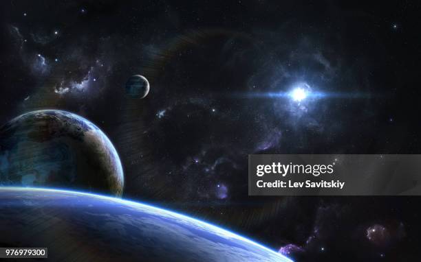 outspace orbital view on alien planets and moons - sternenhaufen stock-fotos und bilder