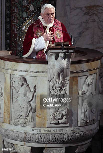 Pope Benedict XVI delivers his message during his visit to Rome's Lutheran church, on March 14, 2010. The Vatican fought attempts to link Pope...