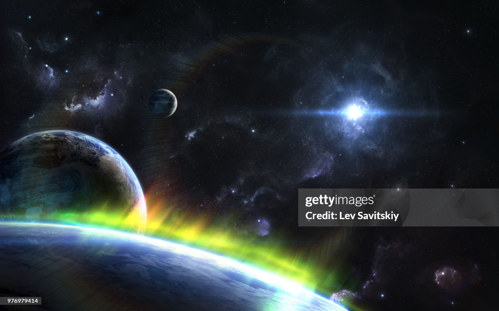 Outspace orbital view on alien planets and moons with Auroras
