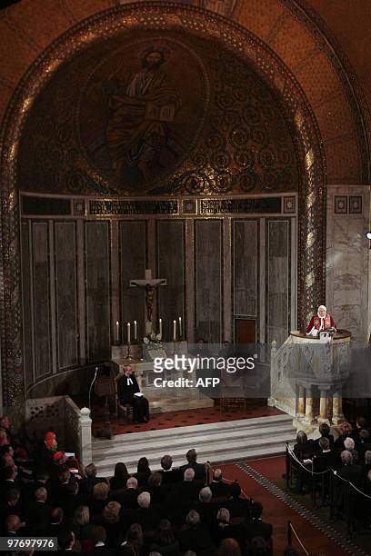 Pope Benedict XVI delivers his message during his visit at Rome's Lutheran church, on March 14, 2010. The Vatican fought attempts to link Pope...