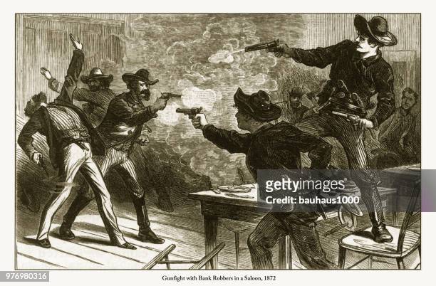 gunfight with bank robbers in a saloon engraving, 1872 - restaurant interior stock illustrations