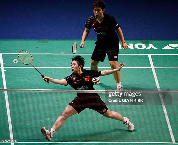 Du Jing and Yu Yang of China play against Cheng Shu and Zhao Yunlei of China in the final of the women's doubles during the All England Open...