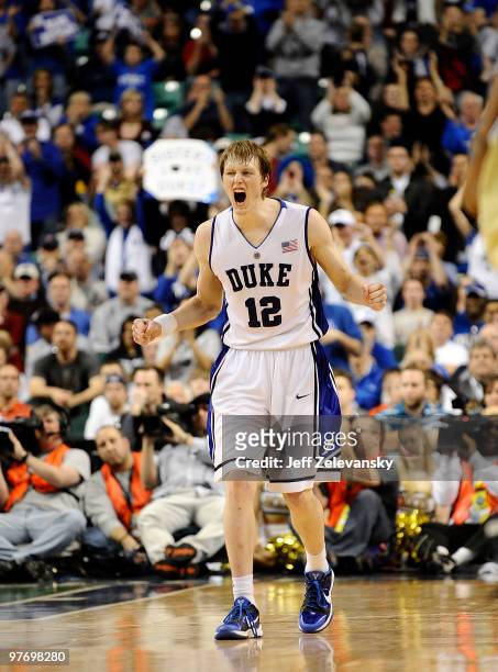 Kyle Singler Duke Blue Devils reacts against the Georgia Tech Yellow Jackets in the championship game of the 2010 ACC Men's Basketball Tournament at...