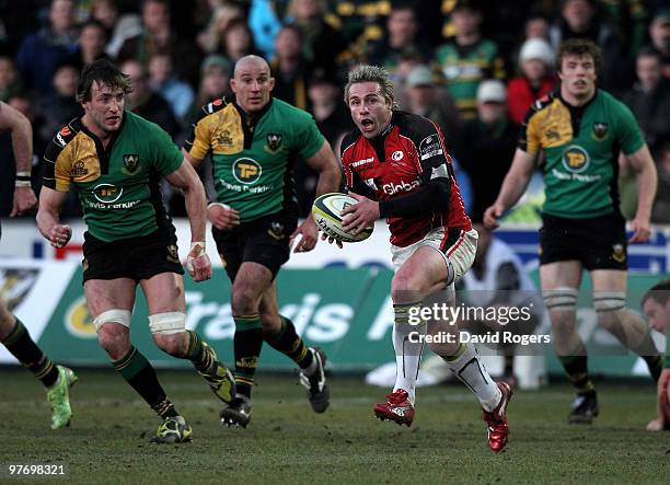 Justin Marshall of Saracens moves away with the ball during the LV=Anglo Welsh Cup Semi Final between Northampton Saints and Saracens at Franklin's...