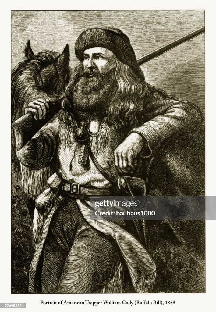 Portrait of American Trapper William Cody (Buffalo Bill) Engraving, 1859