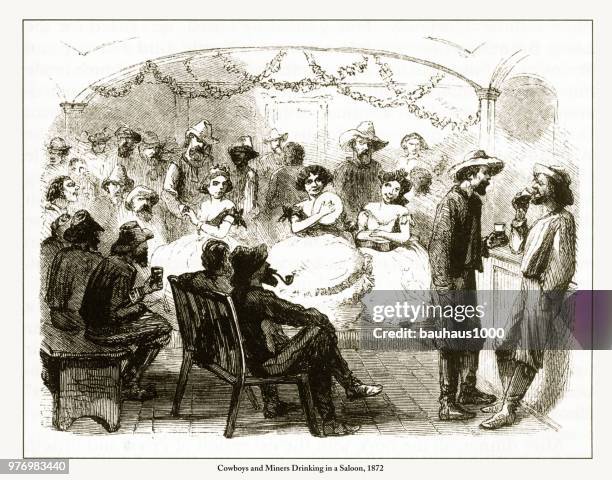 illustrations, cliparts, dessins animés et icônes de cow-boys et des mineurs boire dans un saloon gravures, 1872 - saloon