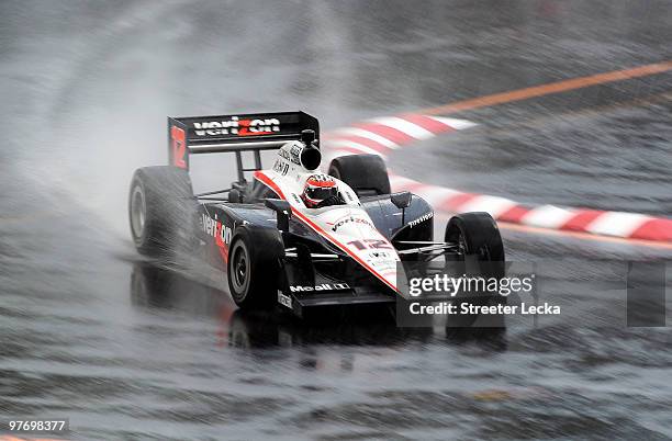 Will Power of Australia, driver of the Verizon Team Penske Dallara Honda, drives through the rain during the IRL IndyCar Series Sao Paulo Indy 300 on...