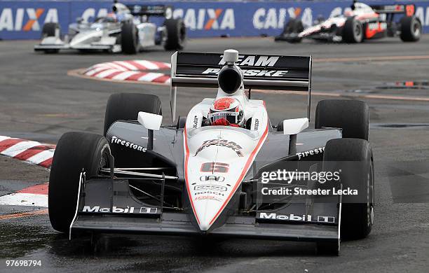 Ryan Briscoe of Australia drives the Team Penske Dallara Honda during the IRL IndyCar Series Sao Paulo Indy 300 on March 14, 2010 in Sao Paulo,...