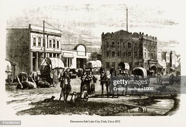 downtown salt lake city, utah engraving, circa 1872 - price utah stock illustrations