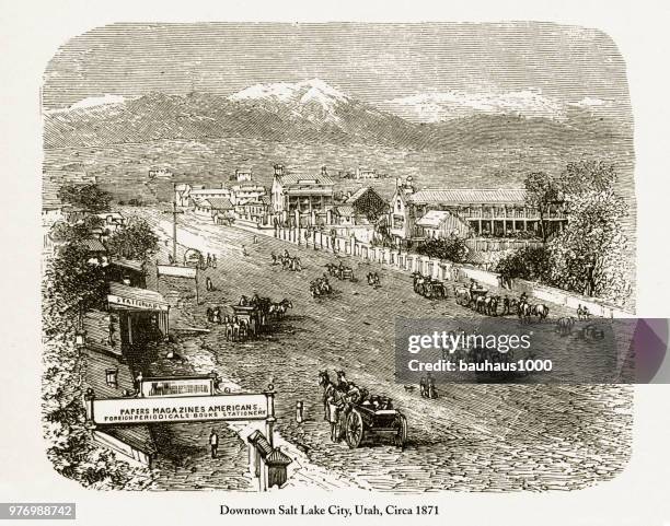 downtown salt lake city, utah engraving, circa 1872 - price utah stock illustrations