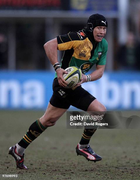 Bruce Reihana, the Northampton fullback runs with the ball during the LV=Anglo Welsh Cup Semi Final between Northampton Saints and Saracens at...