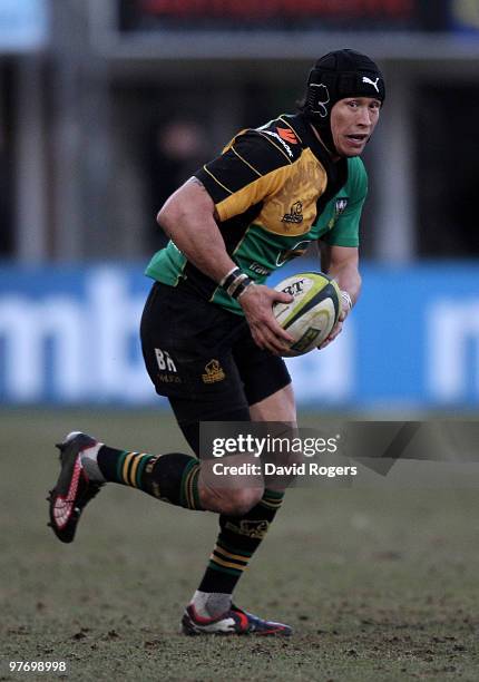 Bruce Reihana, the Northampton fullback runs with the ball during the LV=Anglo Welsh Cup Semi Final between Northampton Saints and Saracens at...