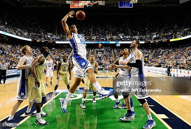 Andre Dawkins of the Duke Blue Devils dunks against Georgia Tech Yellow Jackets in the championship game of the 2010 ACC Men's Basketball Tournament...