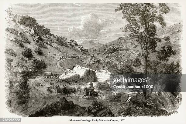 mormonen überqueren einen felsigen mountain canyon-gravur, 1857 - ochsenkarren stock-grafiken, -clipart, -cartoons und -symbole