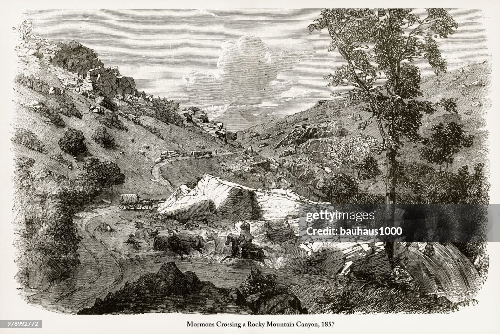Mormons Crossing a Rocky Mountain Canyon Engraving, 1857