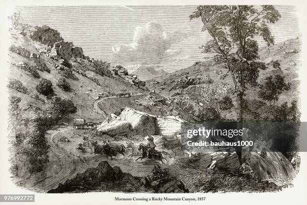 mormons crossing a rocky mountain canyon engraving, 1857 - ox cart stock illustrations