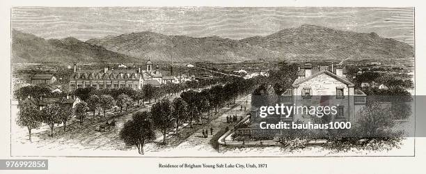 stockillustraties, clipart, cartoons en iconen met residentie van brigham young salt lake city, utah gravure, 1871 - brigham young religious leader