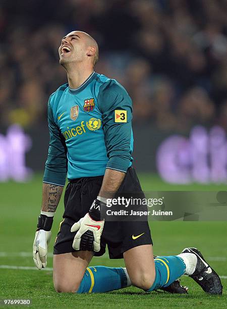 Victor Valdes of FC Barcelona reacts during the La Liga match between Barcelona and Valencia at the Camp Nou Stadium on March 14, 2010 in Barcelona,...