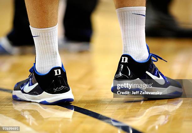 Player stands during introductions of the Duke Blue Devils before the game against the Georgia Tech Yellow Jackets in the championship game of the...