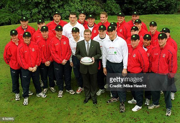 The Duke of York with members of the England Rugby squad as part of the NSPCC Full Stop campaign following a press conference at the PennyHill Park...