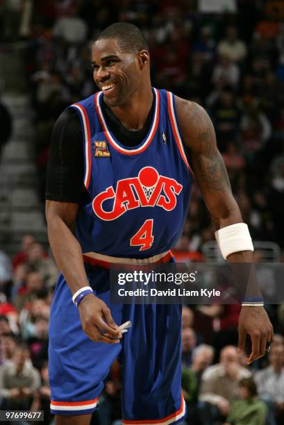 Antawn Jamison of the Cleveland Cavaliers smiles wide during a break in the action against the Boston Celtics on March 14, 2010 at The Quicken Loans...