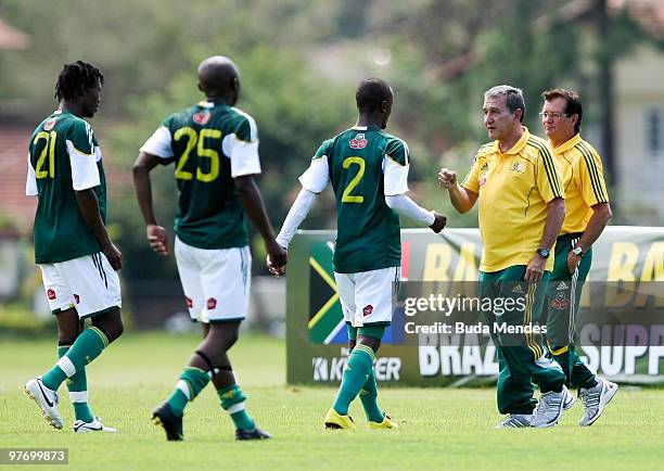 Bafana Bafana's head coach Carlos Alberto Parreira instructs his players during the South African national soccer team training session at the Granja...