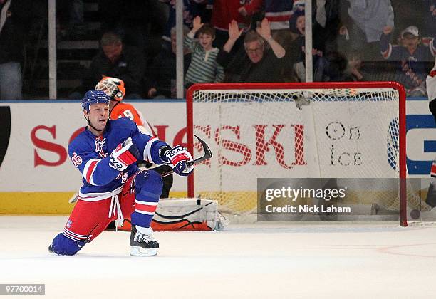 Sean Avery of the New York Rangers celebrates scoring his second goal against the Philadelphia Flyers at Madison Square Garden on March 14, 2010 in...