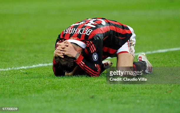 David Beckham of AC Milan during the Serie A match between AC Milan and AC Chievo Verona at Stadio Giuseppe Meazza on March 14, 2010 in Milan, Italy.