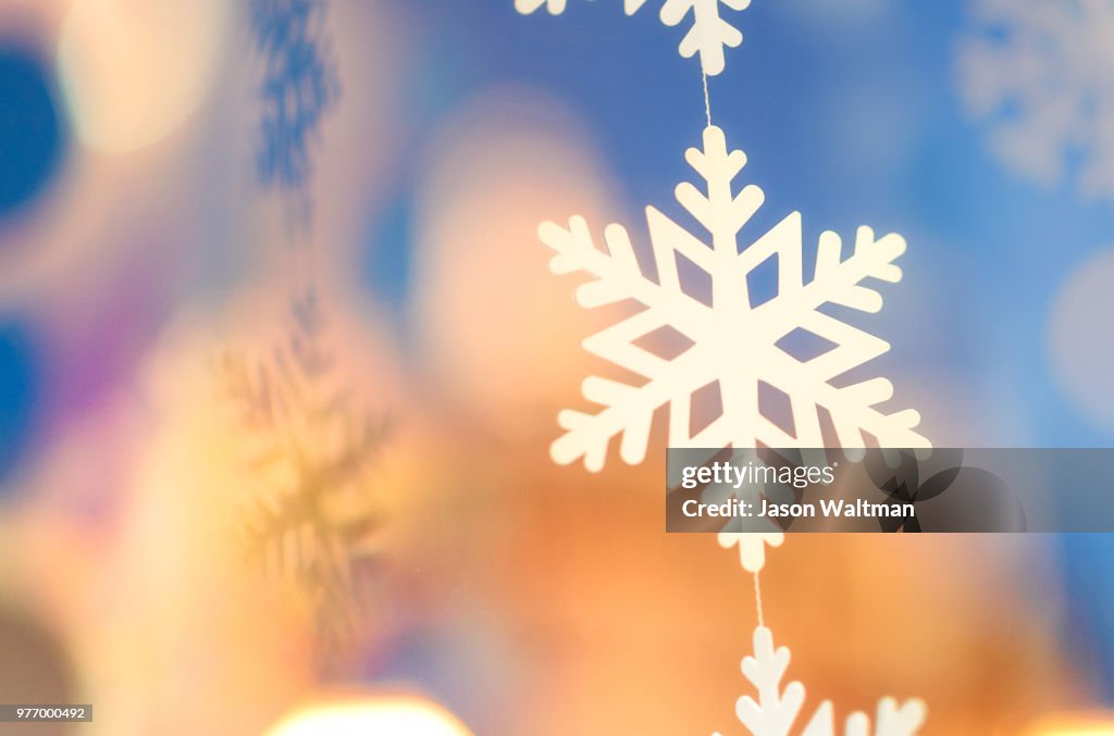 Close-up of snowflake decoration, Union Street, San Francisco, California, USA