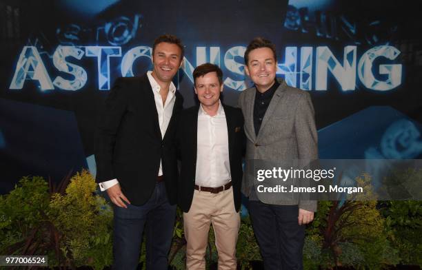 Television personality Stephen Mulhern and performer Jonathan Wilkes are joined by Declan Donnelly at the Ocean Cruise Terminal on June 17, 2018 in...
