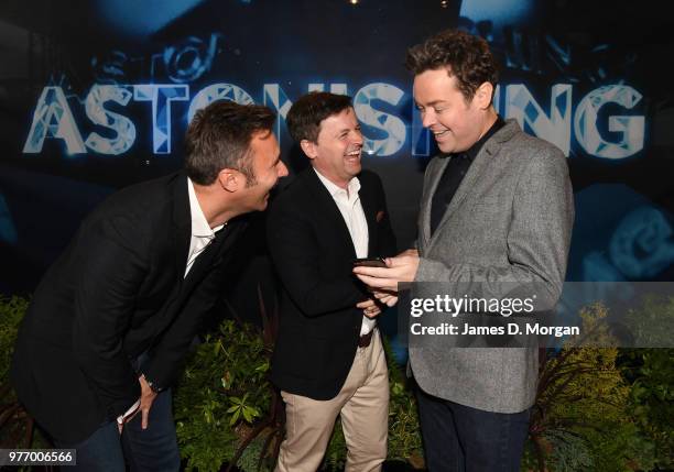 Television personality Stephen Mulhern and performer Jonathan Wilkes are joined by Declan Donnelly at the Ocean Cruise Terminal on June 17, 2018 in...