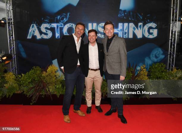 Television personality Stephen Mulhern and performer Jonathan Wilkes are joined by Declan Donnelly at the Ocean Cruise Terminal on June 17, 2018 in...