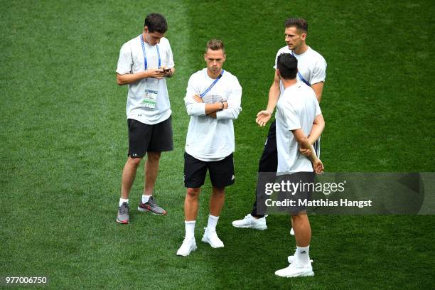 Sebastian Rudy, Joshua Kimmich, Leon Goretzka, Mario Gomez of Germany speak during the pitch inspection prior to the 2018 FIFA World Cup Russia group...