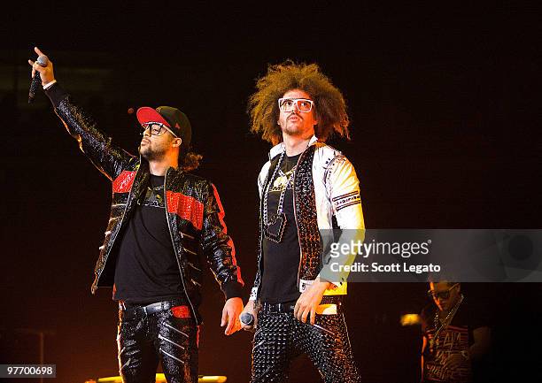 SkyBlu and Red Foo of LMFAO performs at the United Center on March 13, 2010 in Chicago, Illinois.