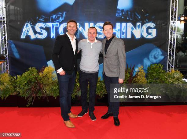 Television personality Stephen Mulhern and performer Jonathan Wilkes are joined by actor Andy Whyment at the Ocean Cruise Terminal on June 17, 2018...