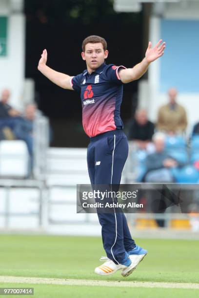 Ryan Higgins of ECB XI reacts to a close LBW call during a tour match between ECB XI v India A at Headingley on June 17, 2018 in Leeds, England.